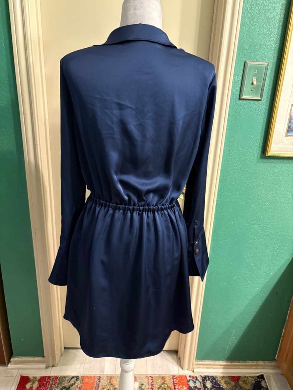 Ramy Brook NY Katelyn Navy Satin Ruched Button Mini Dress with Gold Buttons - Picture 11 of 16